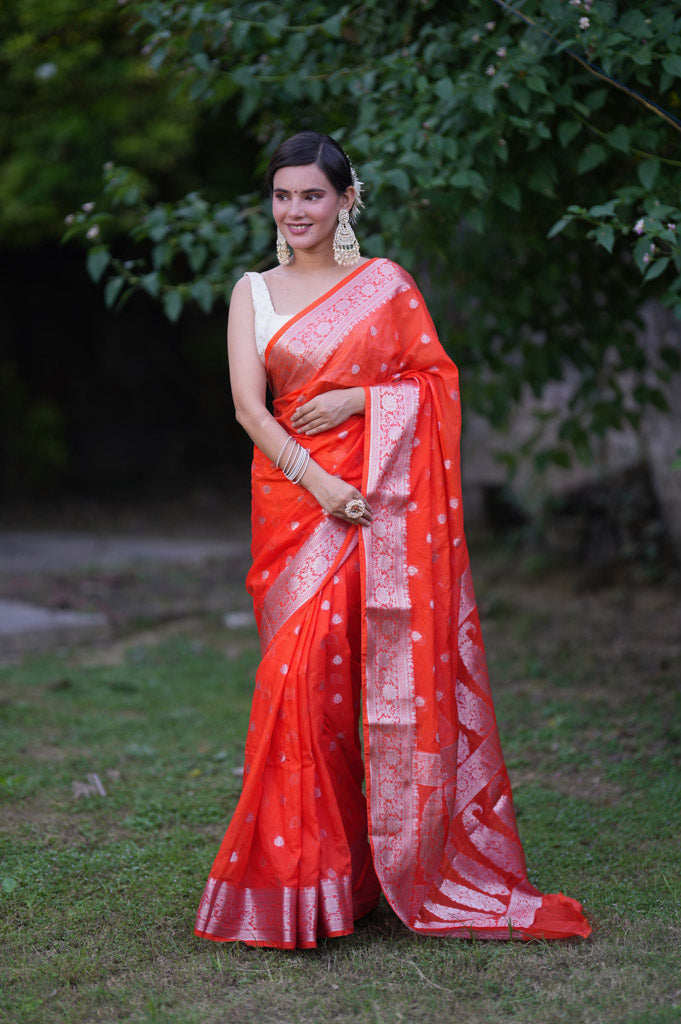 Banarasi  Semi Chiffon Saree Silver Zari Buti Weaving- Orange