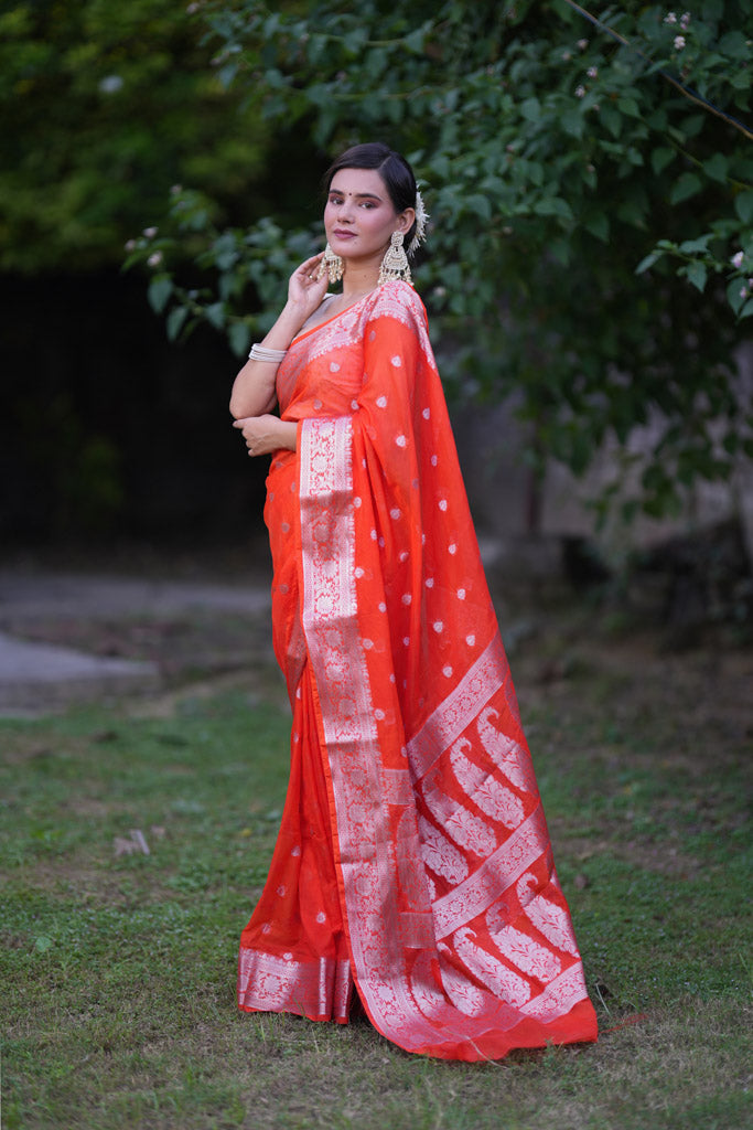 Banarasi  Semi Chiffon Saree Silver Zari Buti Weaving- Orange