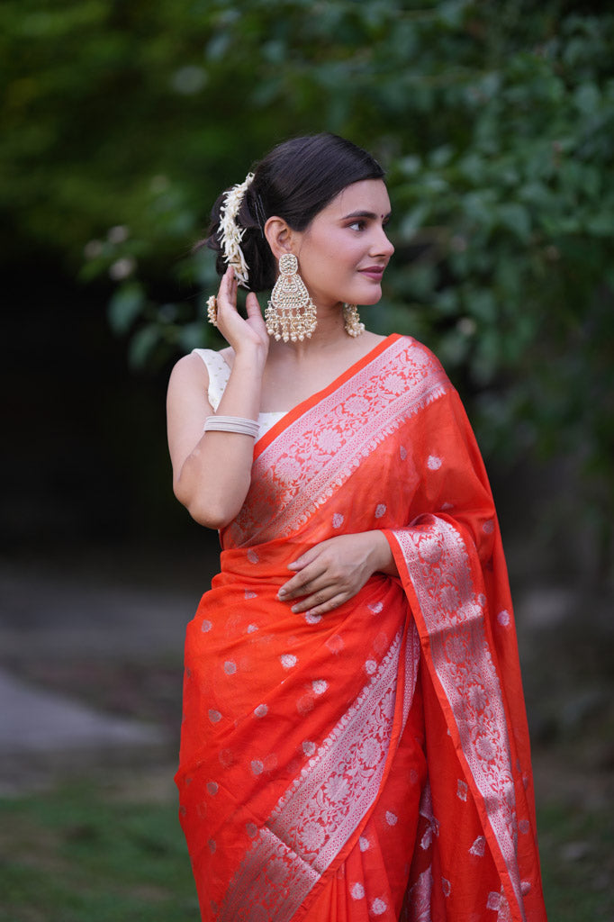 Banarasi  Semi Chiffon Saree Silver Zari Buti Weaving- Orange