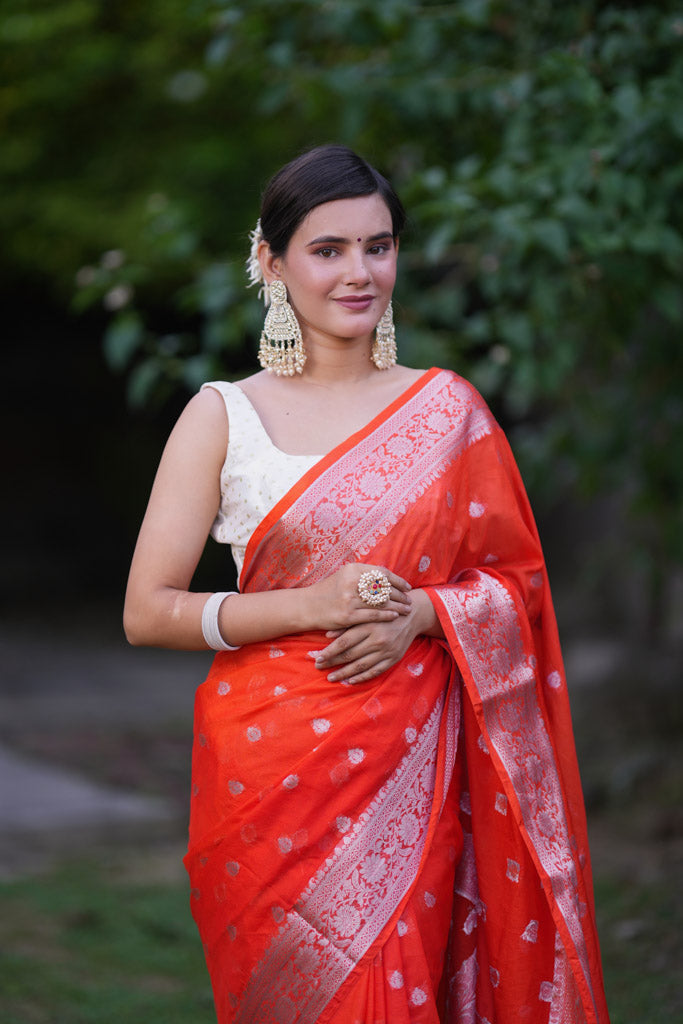 Banarasi  Semi Chiffon Saree Silver Zari Buti Weaving- Orange