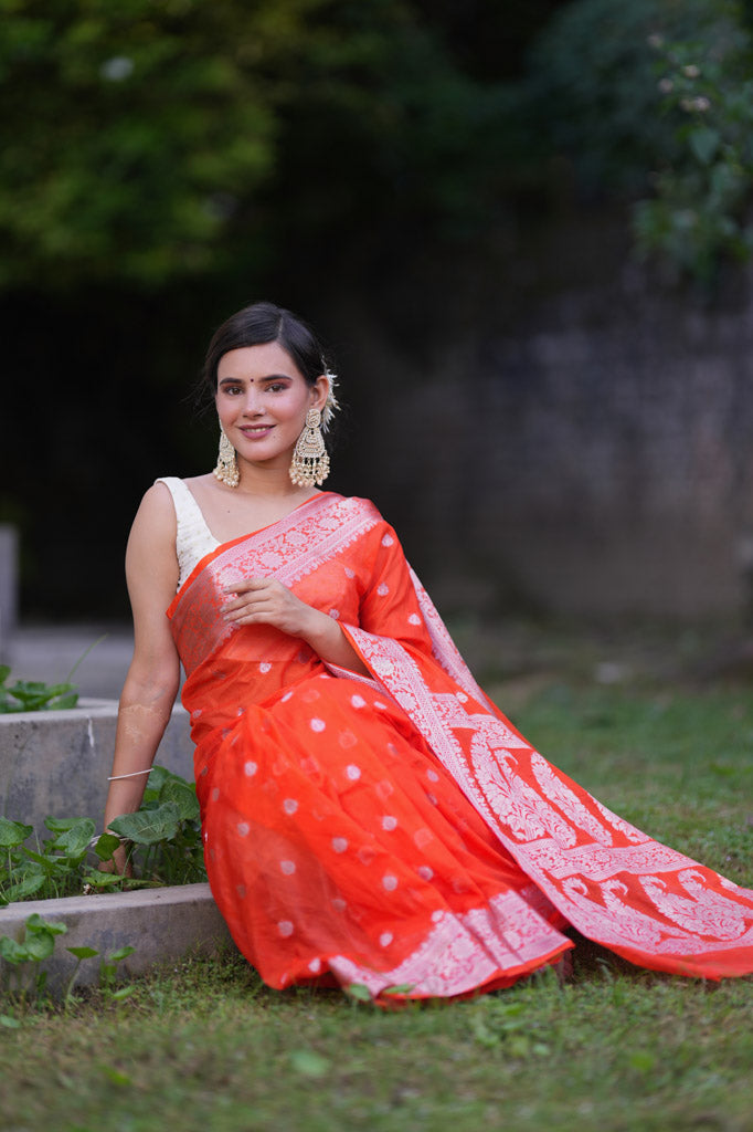 Banarasi  Semi Chiffon Saree Silver Zari Buti Weaving- Orange