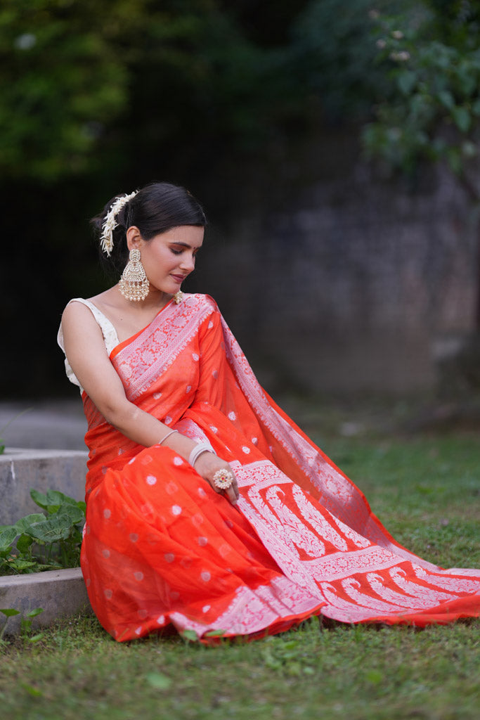 Banarasi  Semi Chiffon Saree Silver Zari Buti Weaving- Orange