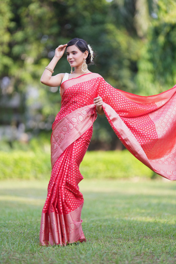 Banarasi Semi Silk Saree With Zari Weaving & Skirt Border-Red