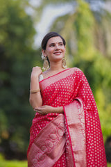 Banarasi Semi Silk Saree With Zari Weaving & Skirt Border-Red