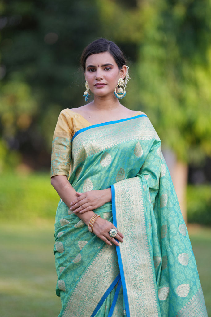 Banarasi Art Katan Silk Saree With Zari Buta Weaving & Tanchoi Weaving-Sea Green
