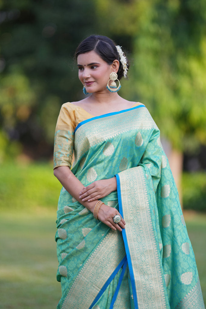 Banarasi Art Katan Silk Saree With Zari Buta Weaving & Tanchoi Weaving-Sea Green