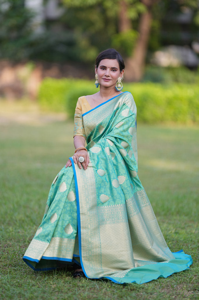 Banarasi Art Katan Silk Saree With Zari Buta Weaving & Tanchoi Weaving-Sea Green