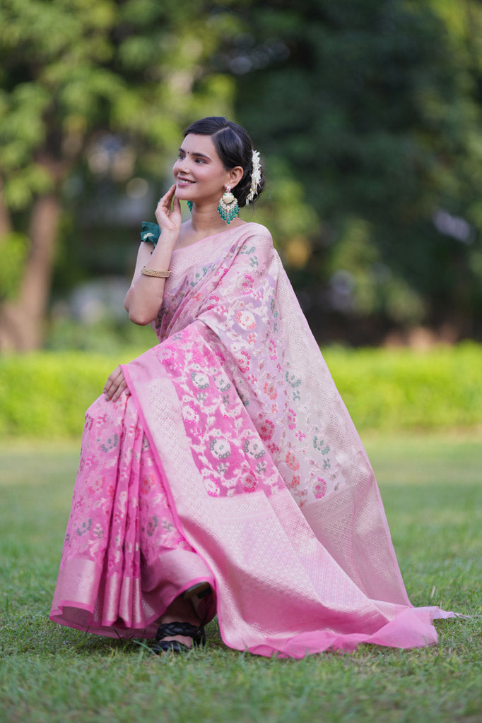 Banarasi Shaded Semi Silk Saree With Heavy Jaal Zari & Meena Weaving-Pink