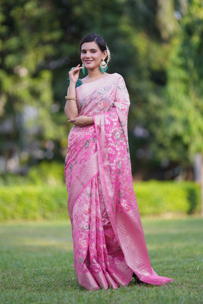 Banarasi Shaded Semi Silk Saree With Heavy Jaal Zari & Meena Weaving-Pink