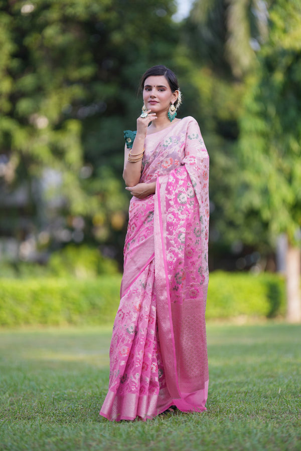 Banarasi Shaded Semi Silk Saree With Heavy Jaal Zari & Meena Weaving-Pink
