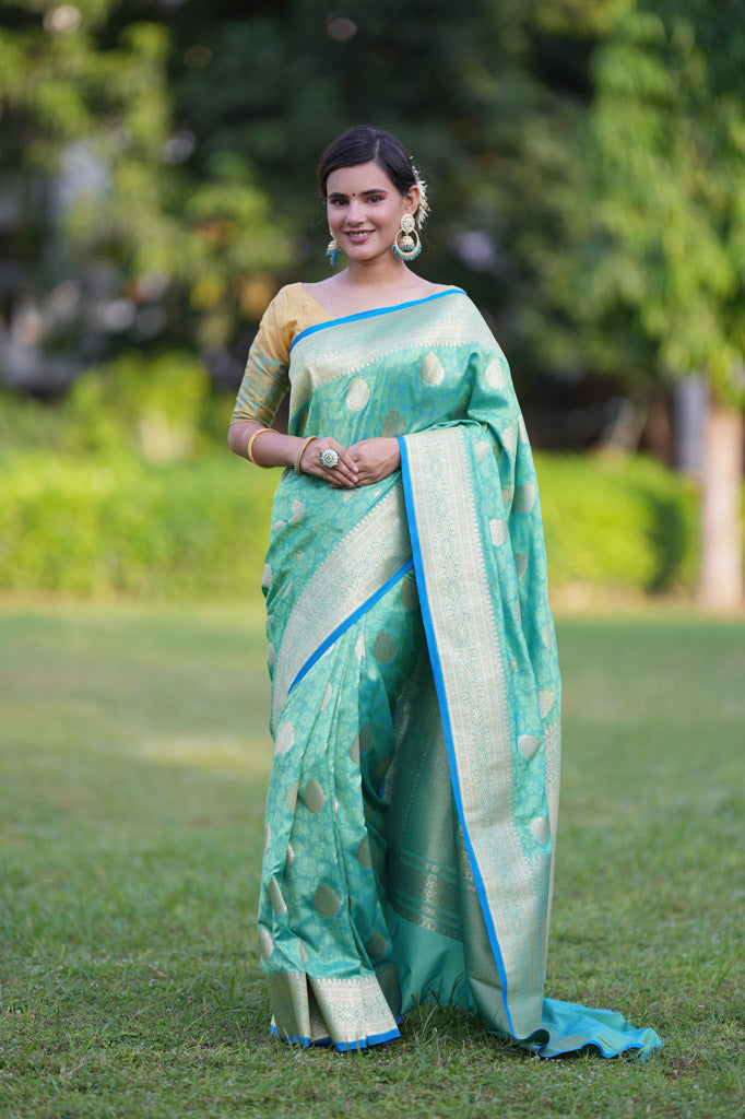 Banarasi Art Katan Silk Saree With Zari Buta Weaving & Tanchoi Weaving-Sea Green