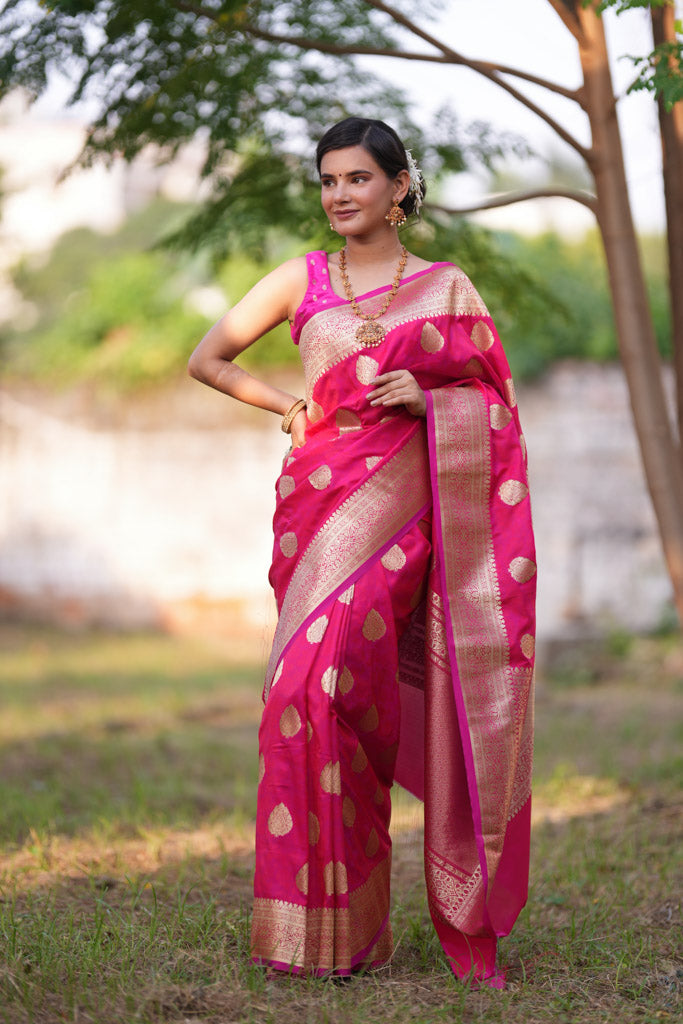 Banarasi Art Katan Silk Saree With Zari Buti Weaving-Hot Pink