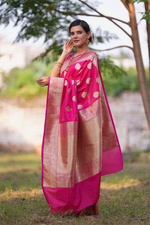 Banarasi Art Katan Silk Saree With Zari Buti Weaving-Hot Pink