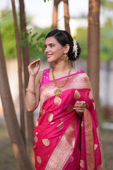 Banarasi Art Katan Silk Saree With Zari Buti Weaving-Hot Pink
