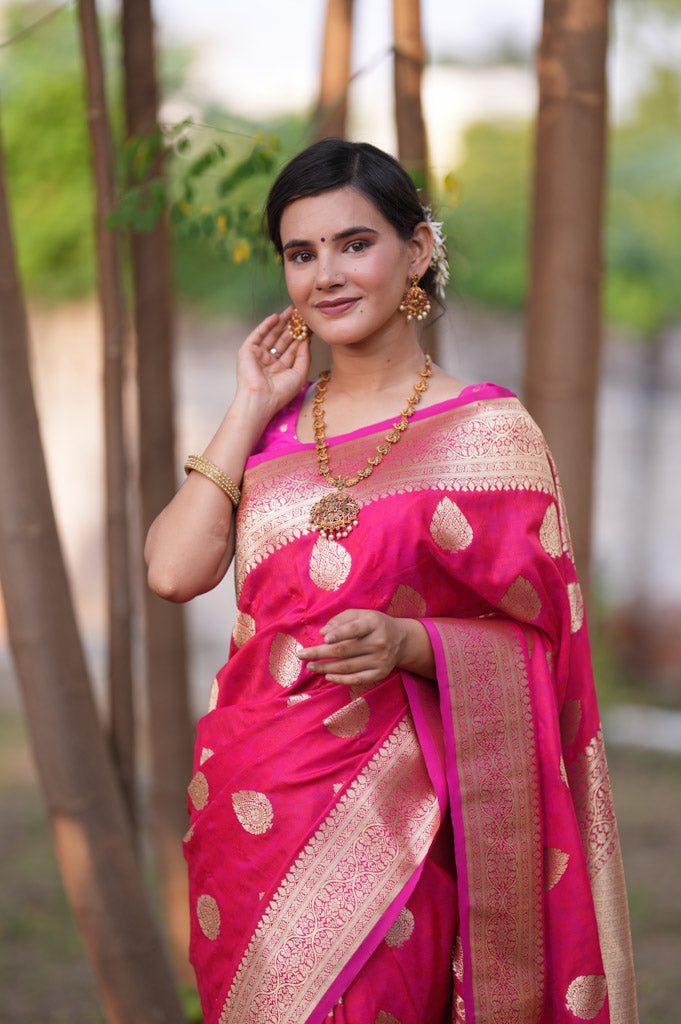 Banarasi Art Katan Silk Saree With Zari Buti Weaving-Hot Pink