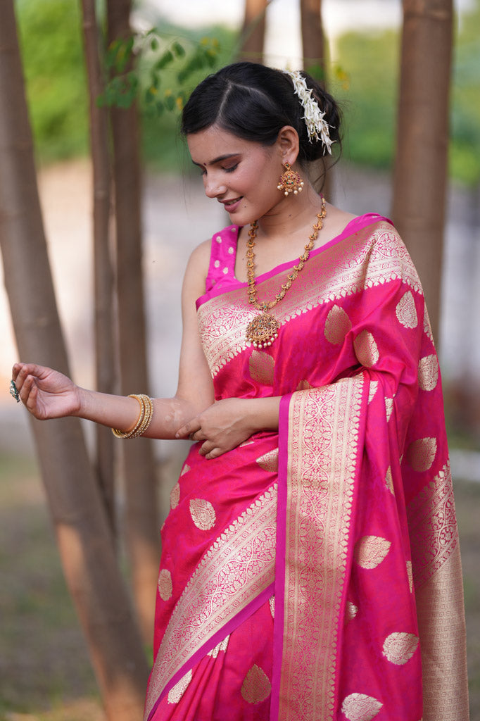 Banarasi Art Katan Silk Saree With Zari Buti Weaving-Hot Pink