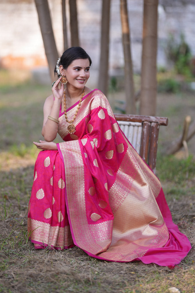 Banarasi Art Katan Silk Saree With Zari Buti Weaving-Hot Pink