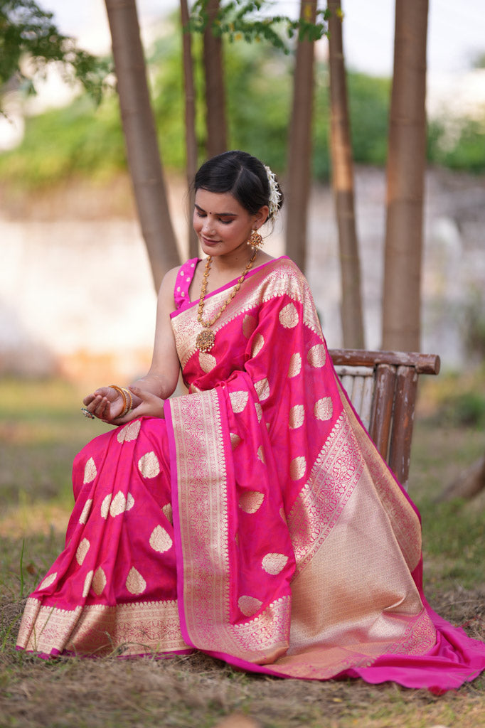 Banarasi Art Katan Silk Saree With Zari Buti Weaving-Hot Pink