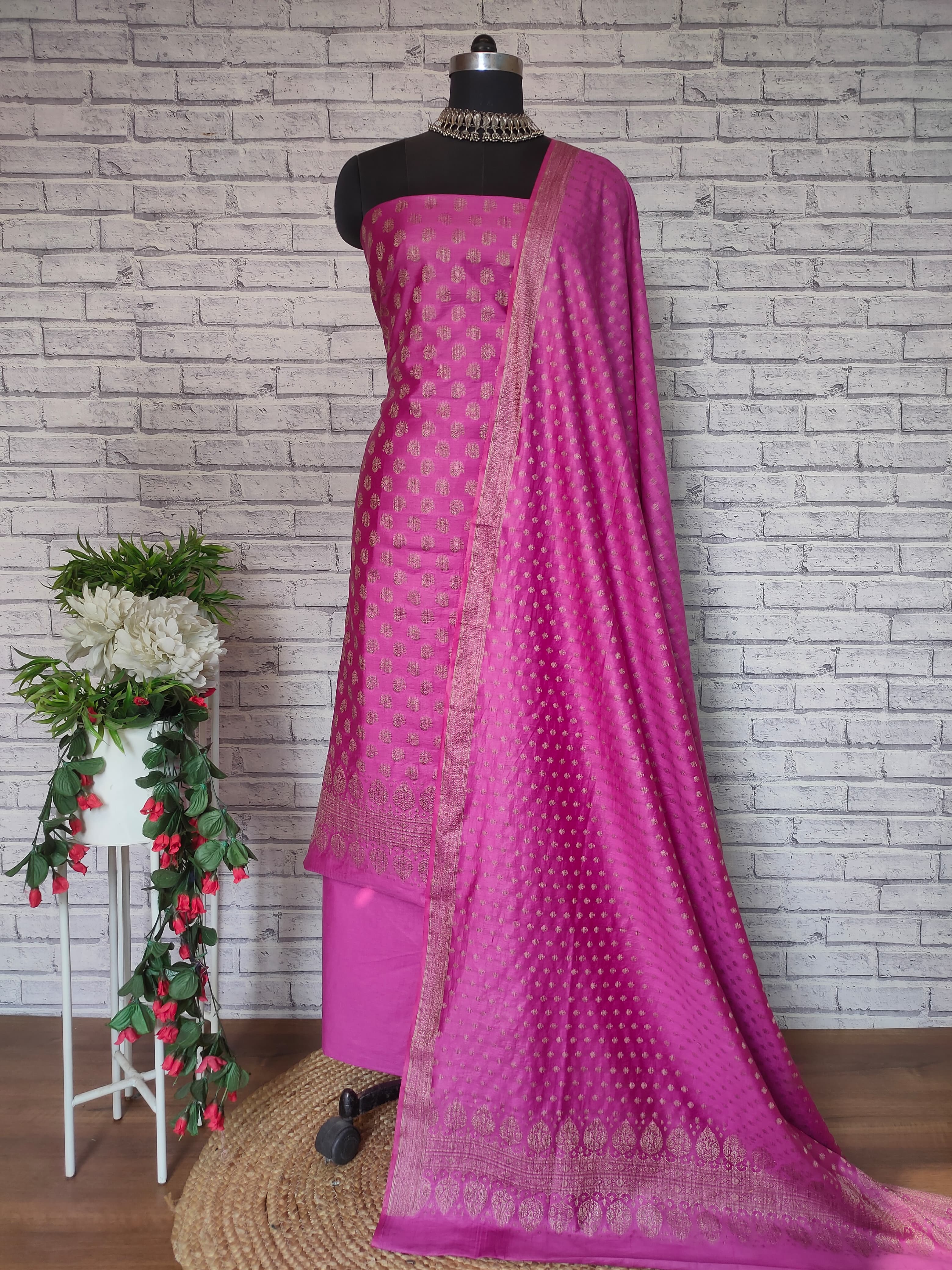 Banarasi Cotton Silk Salwar Kameez Fabric With Meena & Zari Weaving-Magenta