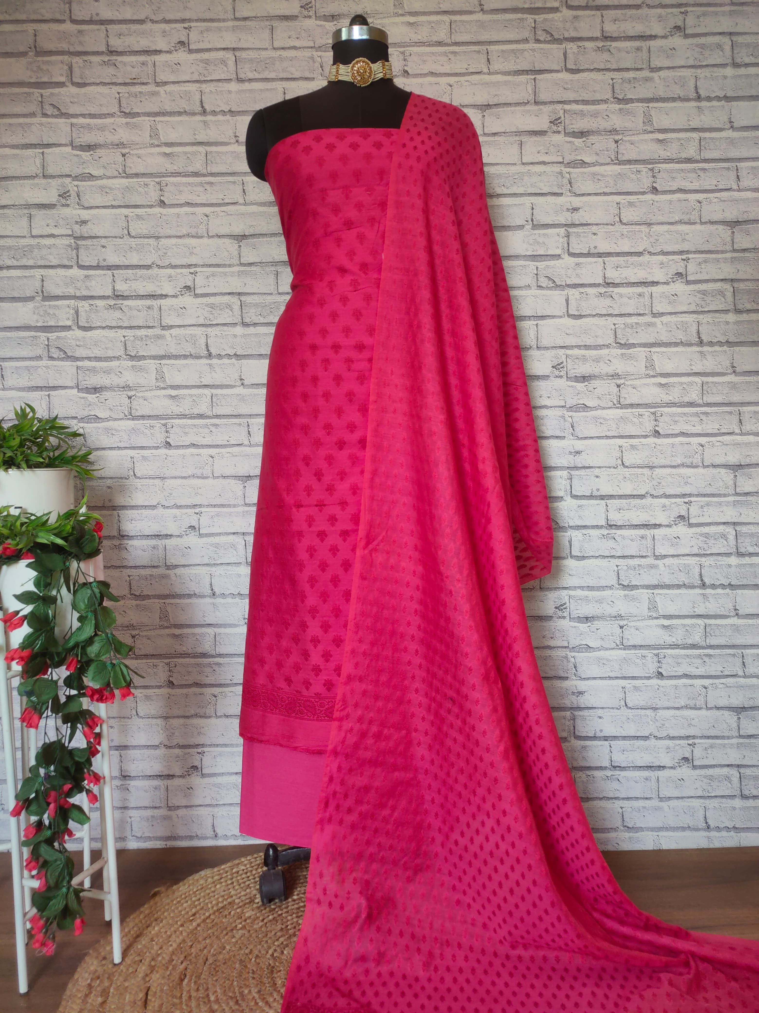 Banarasi Cotton Silk Salwar Kameez Fabric With Meena & Zari Weaving-Deep Pink