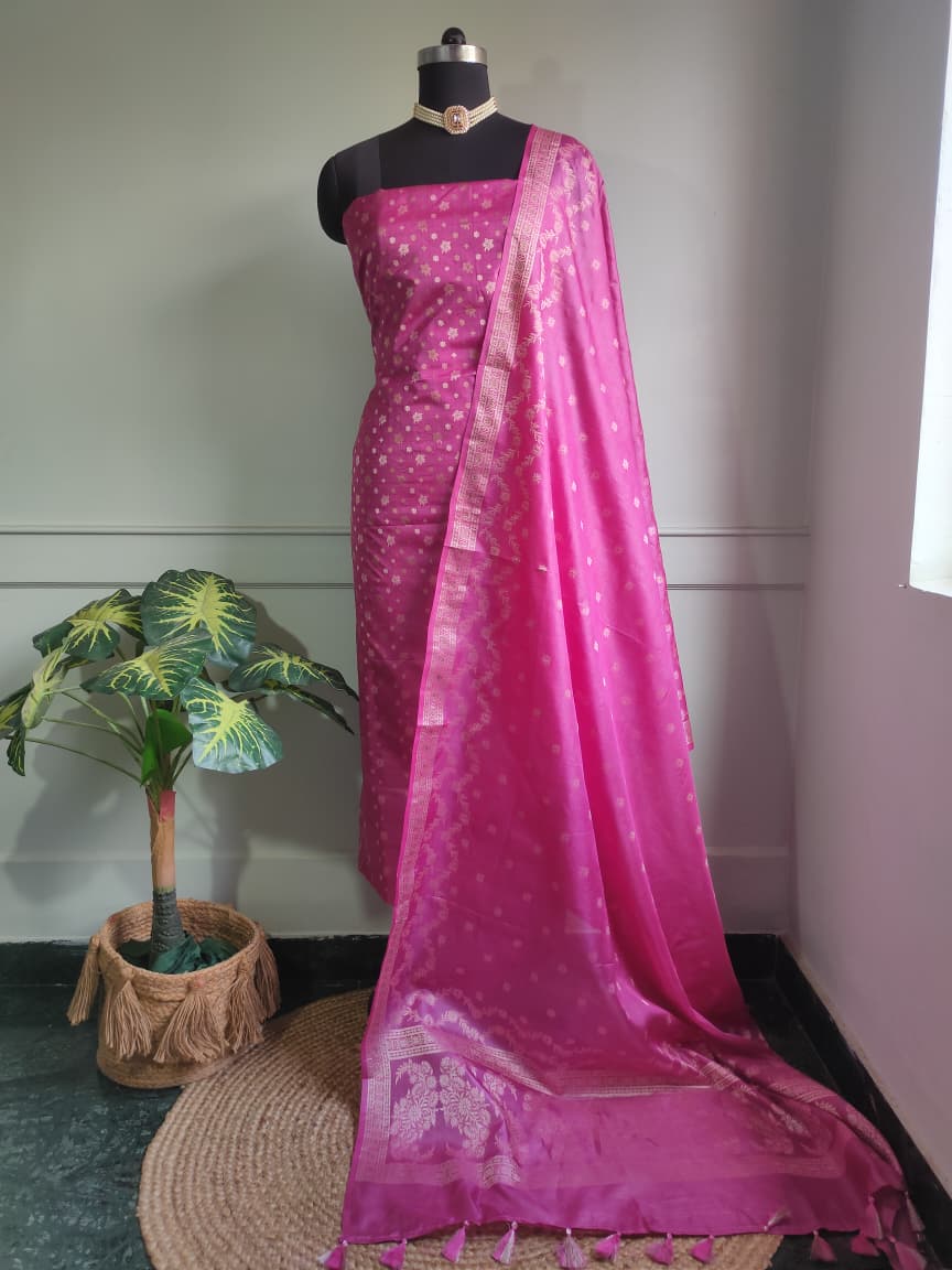 Banarasi Pure Tussar Salwar Kameez Fabric With Zari Weaving-Pink