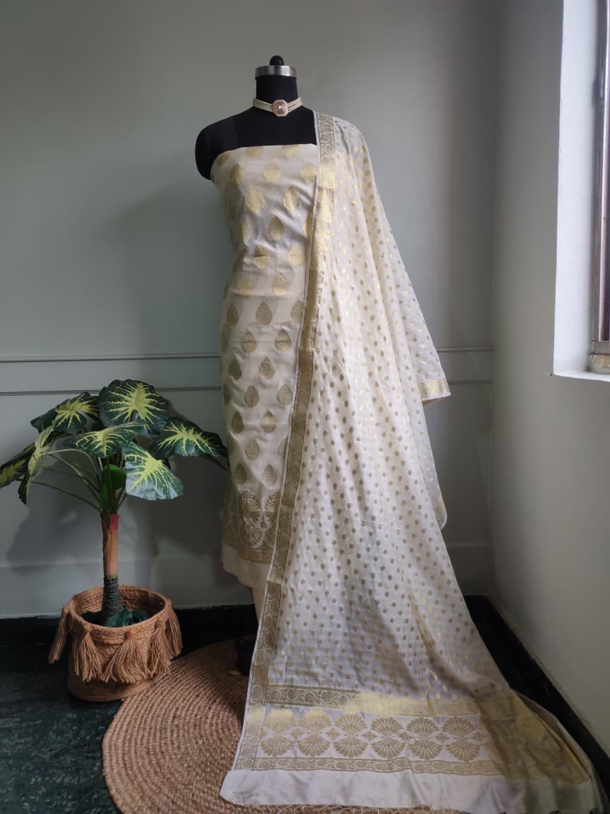 Banarasi Cotton Silk Salwar Kameez Fabric With Resham Weaving-White