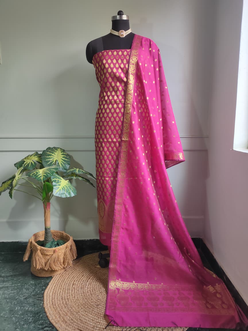 Banarasi Cotton Silk Salwar Kameez Fabric With Resham Weaving-Pink