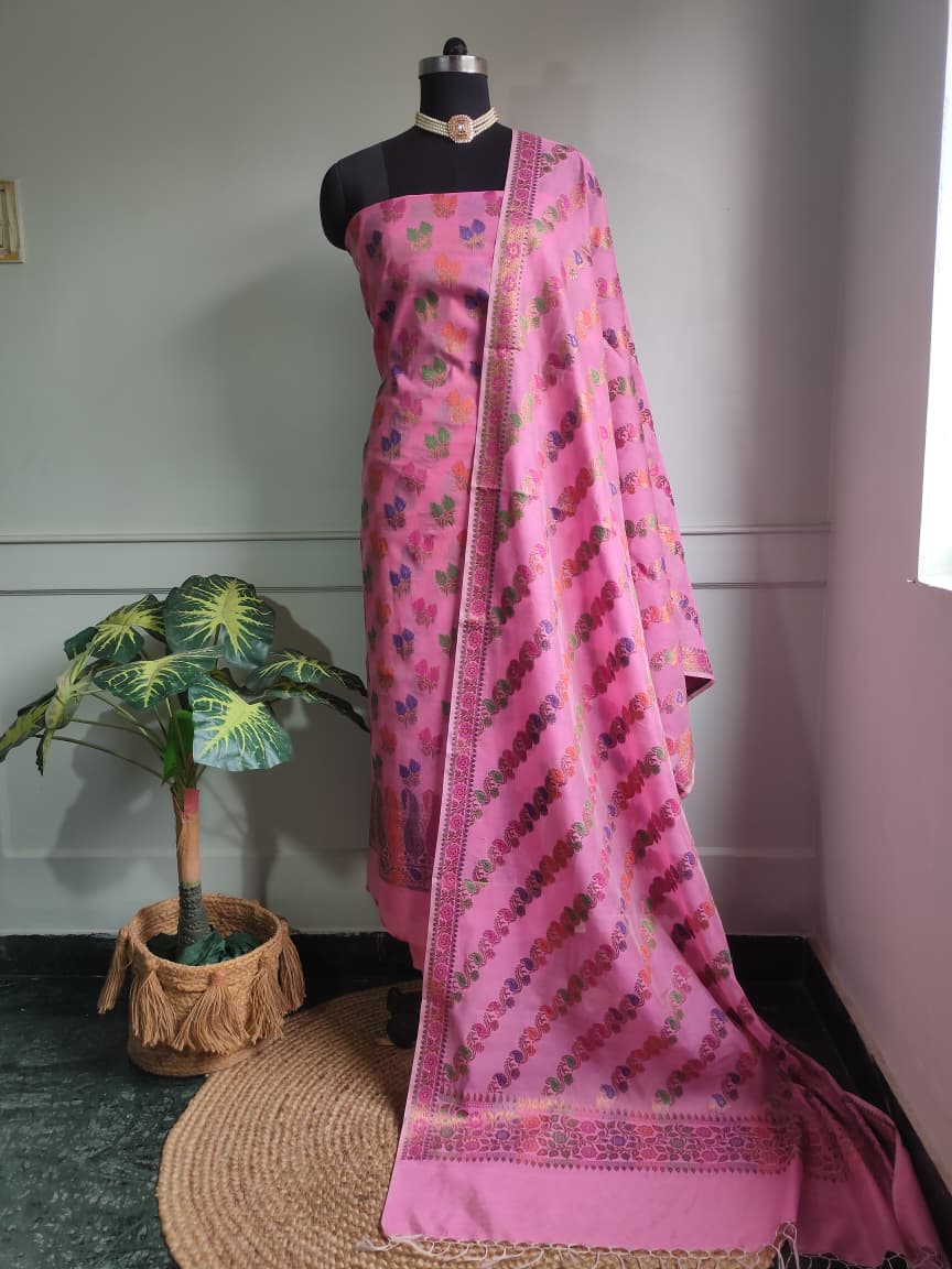 Banarasi Cotton Silk Salwar Kameez Fabric With Resham & Meena Weaving-Pink