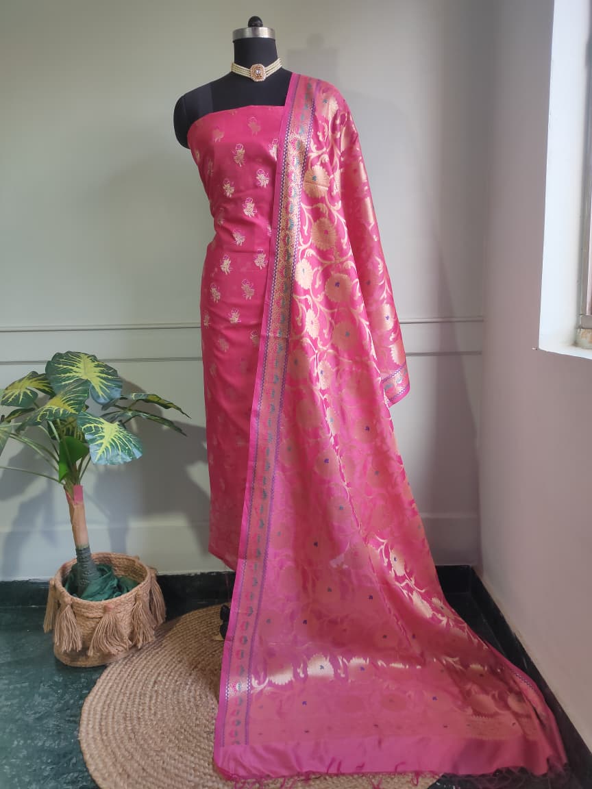 Banarasi Cotton Silk Salwar Kameez Fabric With Zari Weaving-Pink