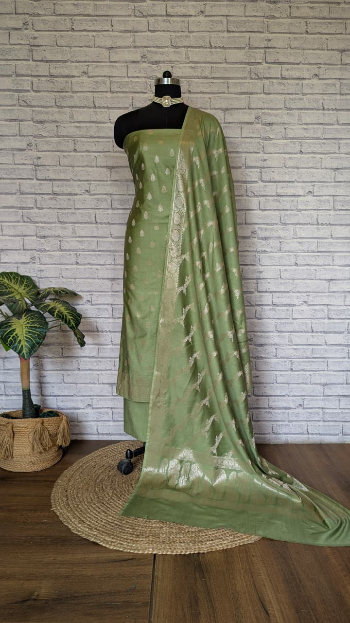Cotton silk salwar kameez fabric zari work (green)