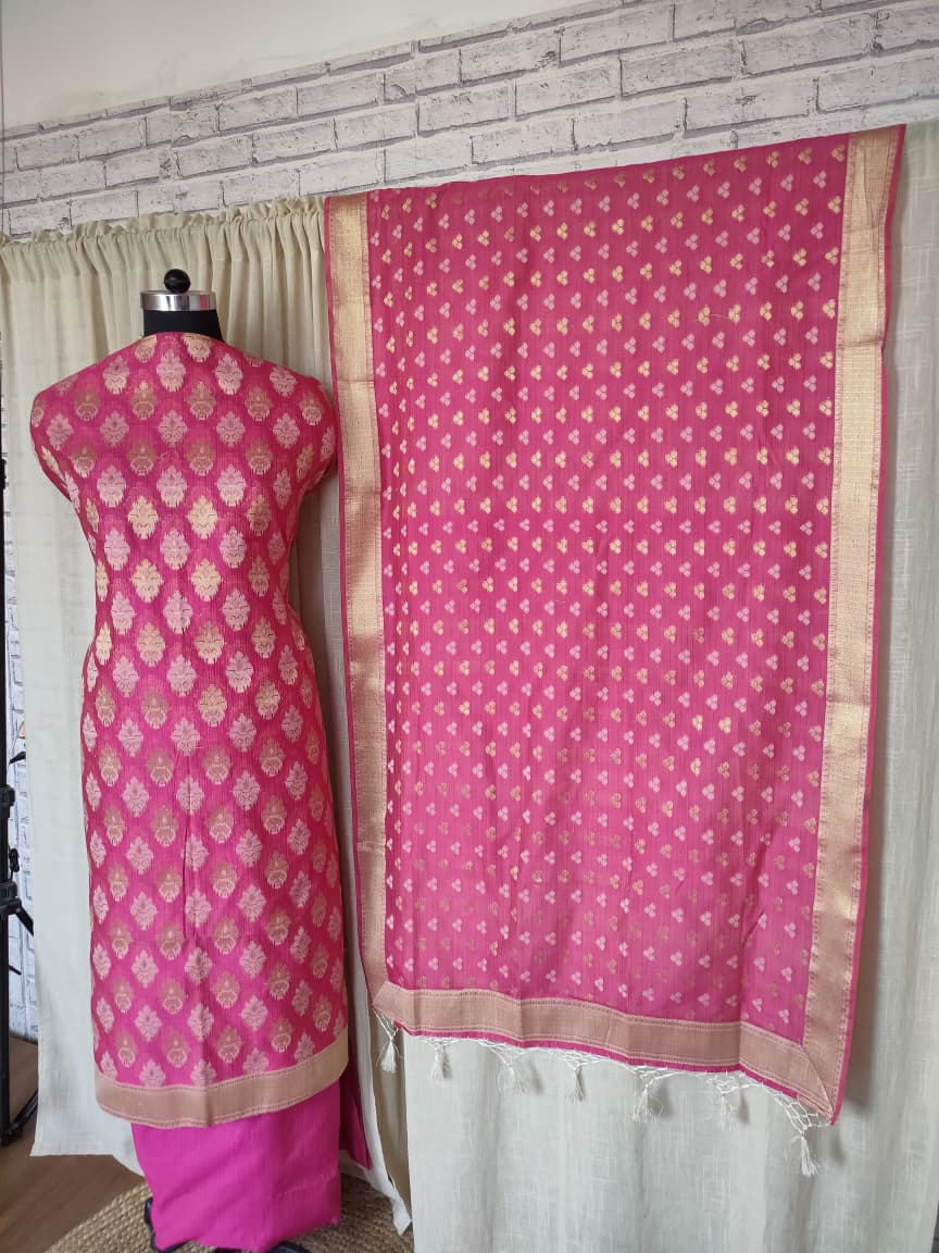 Cotton silk salwar kameez fabric in zari work-Pink