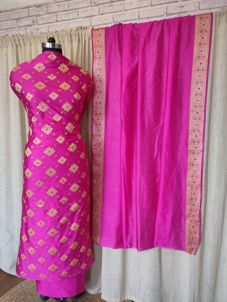 Cotton silk salwar kameez fabric in zari work-Pink