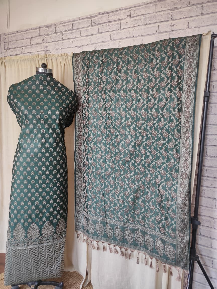 Cotton silk salwar kameez fabric in resham work-Bottle Green