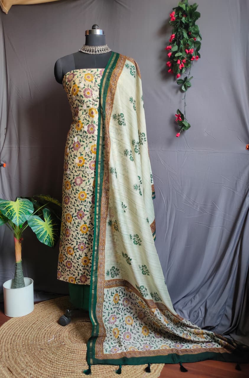 Digital Print salwar kameez fabric in resham work (Green)