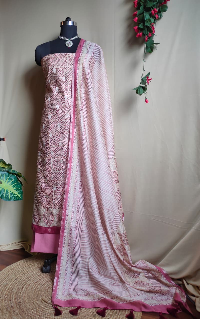 Digital print salwar kameez fabric in resham work-Pink