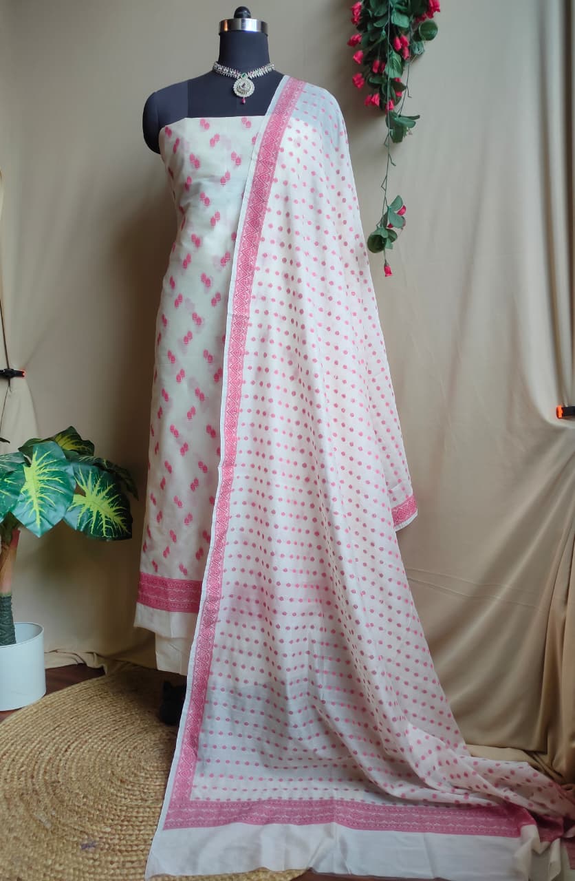 Cotton silk salwar kameez fabric in resham work-White & Pink