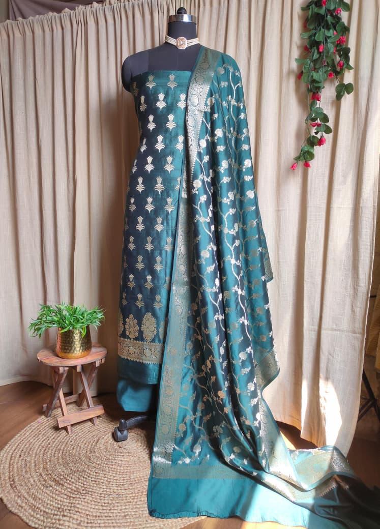 Banarasi Pure Chiniya Salwar Kameez Fabric-Bottle Green