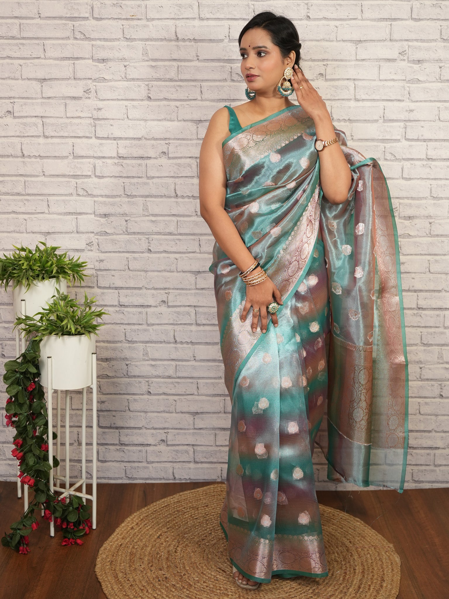 Banarasi Shaded Tissue Saree With Buti & Zari Border - Blue