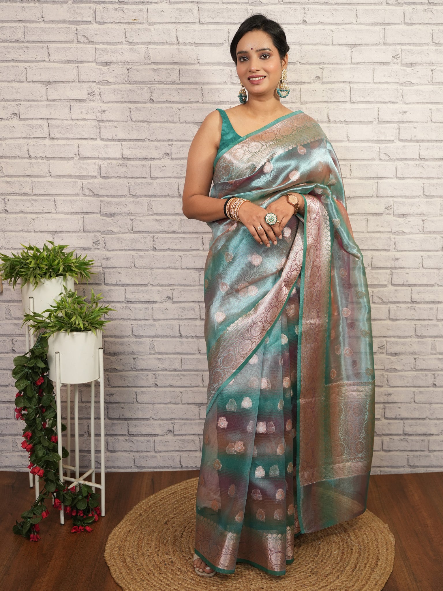 Banarasi Shaded Tissue Saree With Buti & Zari Border - Blue