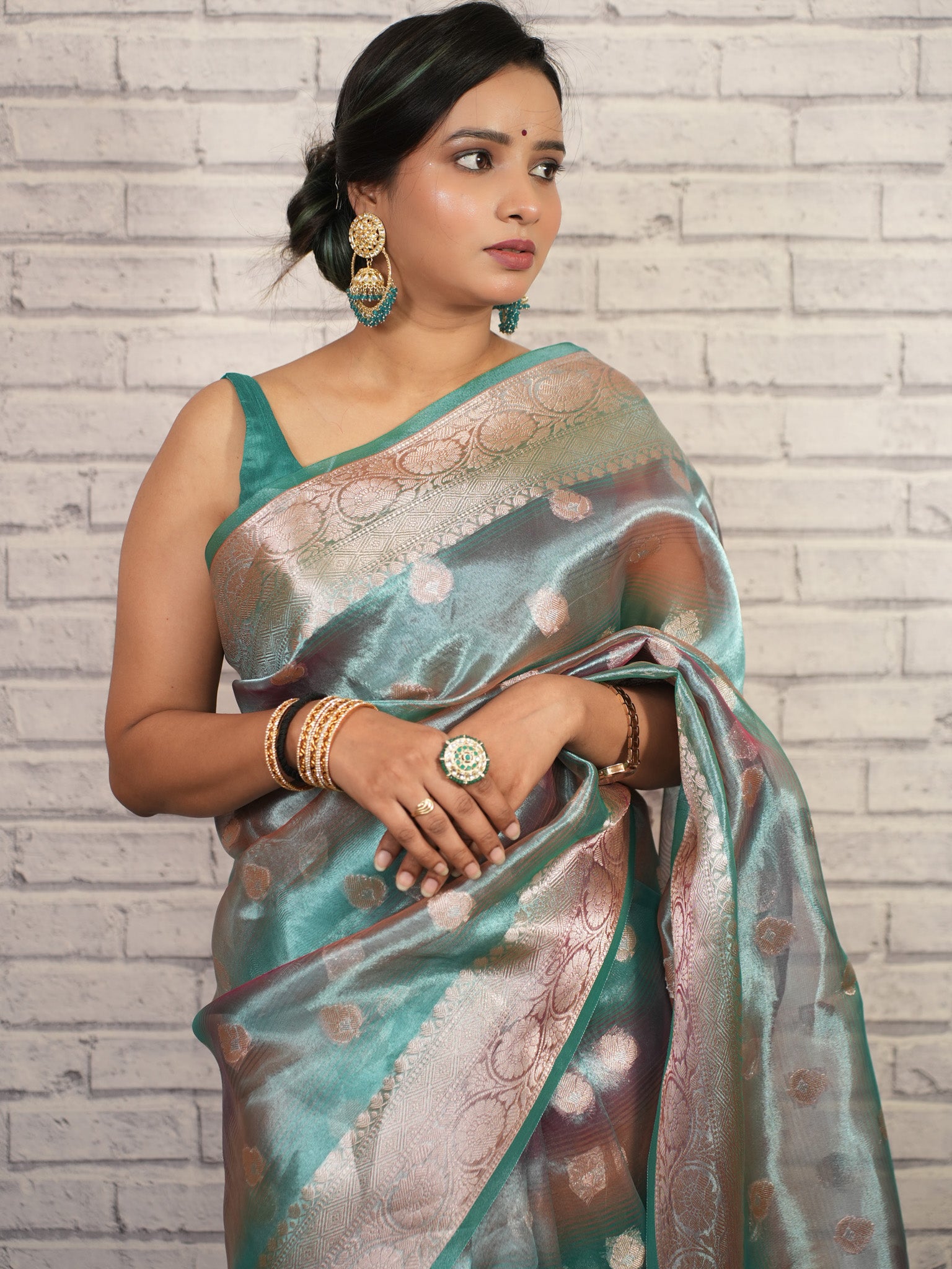 Banarasi Shaded Tissue Saree With Buti & Zari Border - Blue