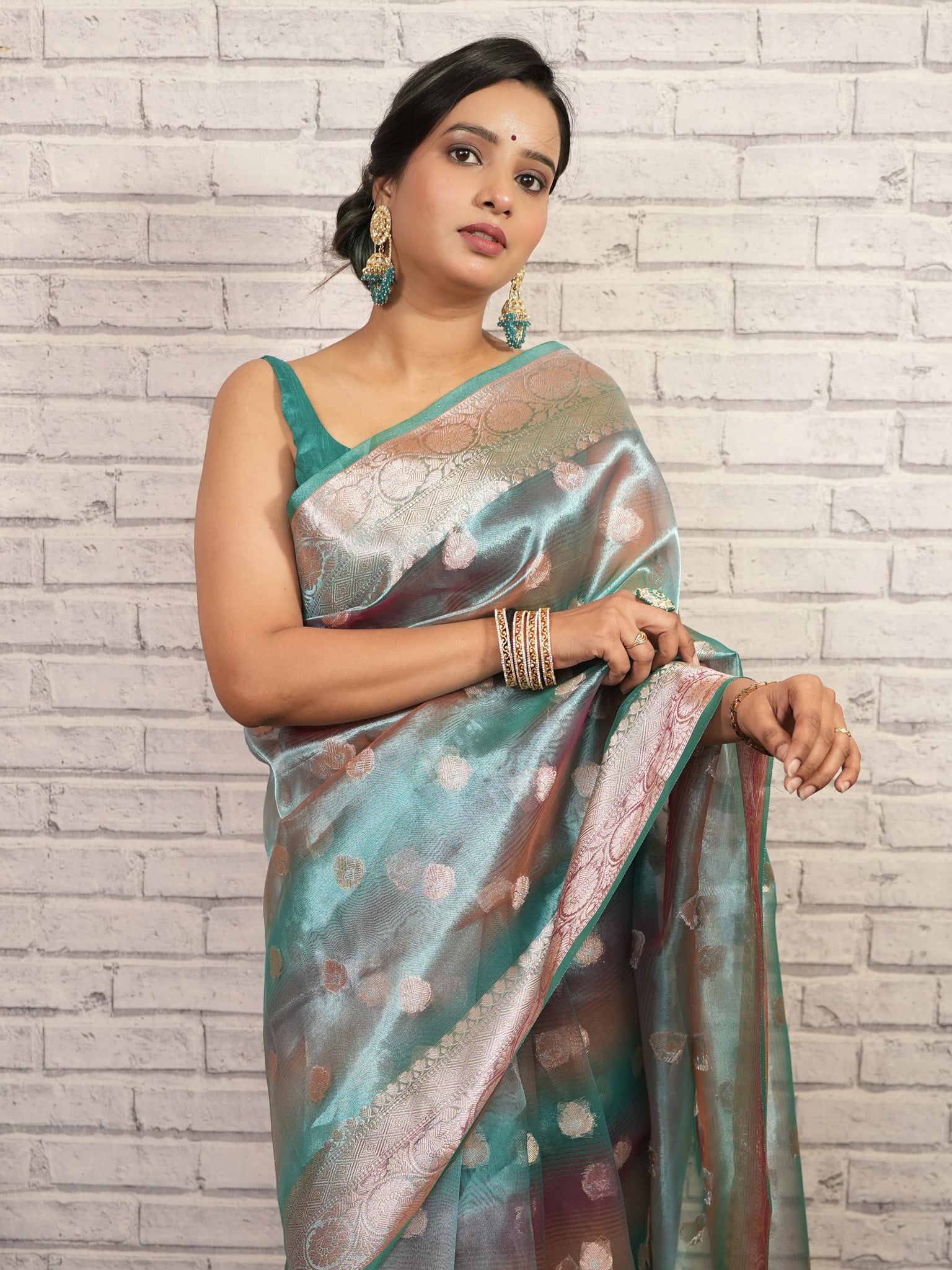 Banarasi Shaded Tissue Saree With Buti & Zari Border - Blue