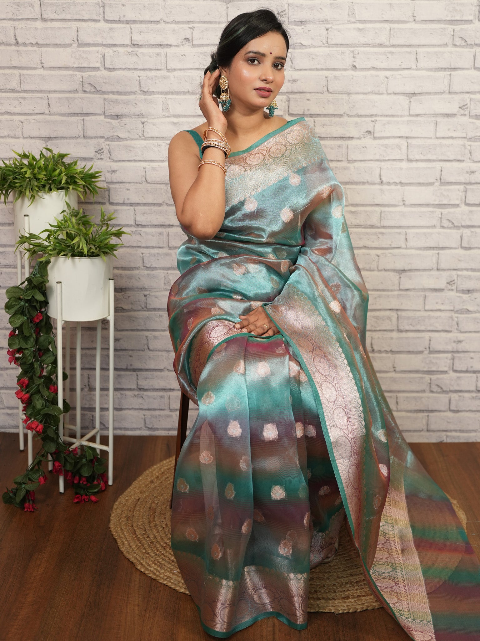 Banarasi Shaded Tissue Saree With Buti & Zari Border - Blue