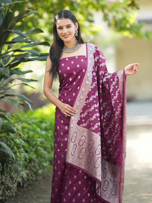Banarasi Silk Salwar Kameez Fabric With Silver Zari Weaving With Dupatta-Purple