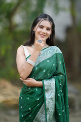 Banarasi Soft Cotton Saree With Silver Zari Border-Green