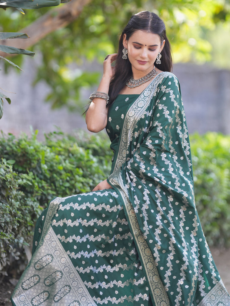 Banarasi Silk Salwar Kameez Fabric With Silver Zari Weaving With Dupatta-Green