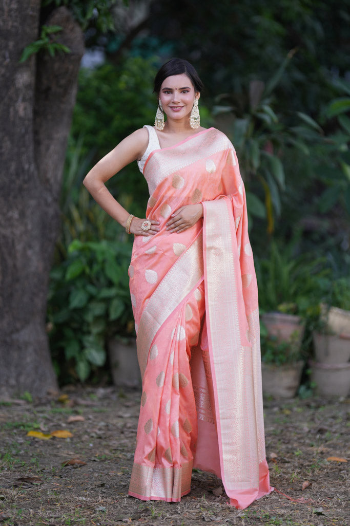 Banarasi Art Katan Silk Saree With Zari Buti Weaving-Light Pink