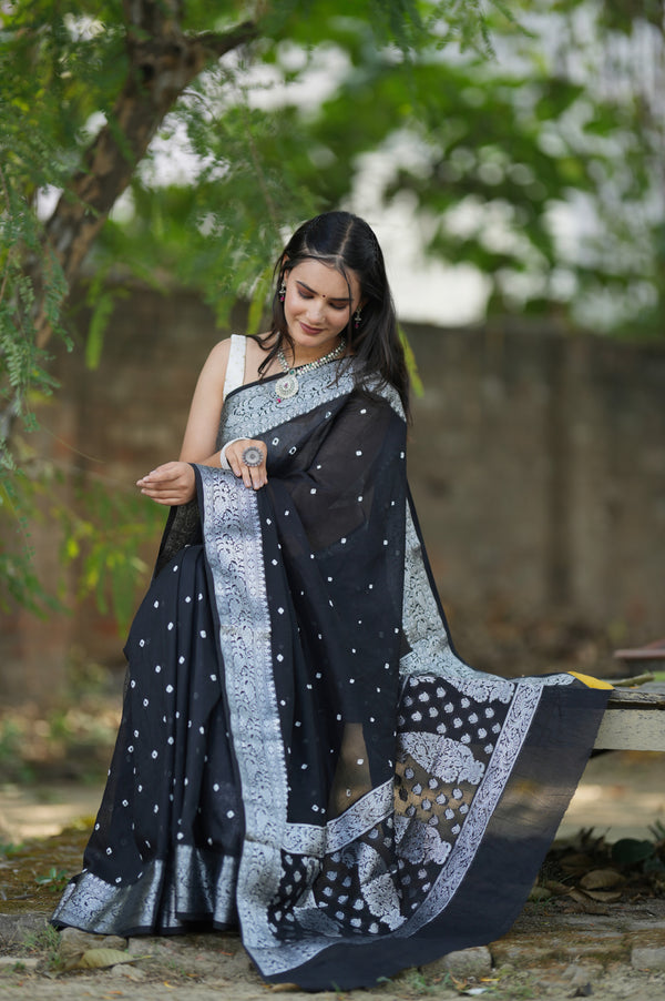 Banarasi Soft Cotton Saree With Silver Zari Border-Black