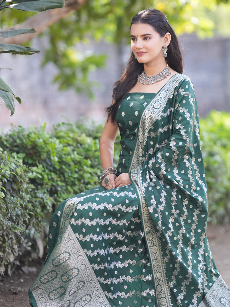 Banarasi Silk Salwar Kameez Fabric With Silver Zari Weaving With Dupatta-Green