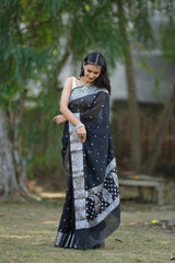 Banarasi Soft Cotton Saree With Silver Zari Border-Black