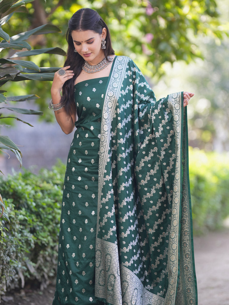 Banarasi Silk Salwar Kameez Fabric With Silver Zari Weaving With Dupatta-Green